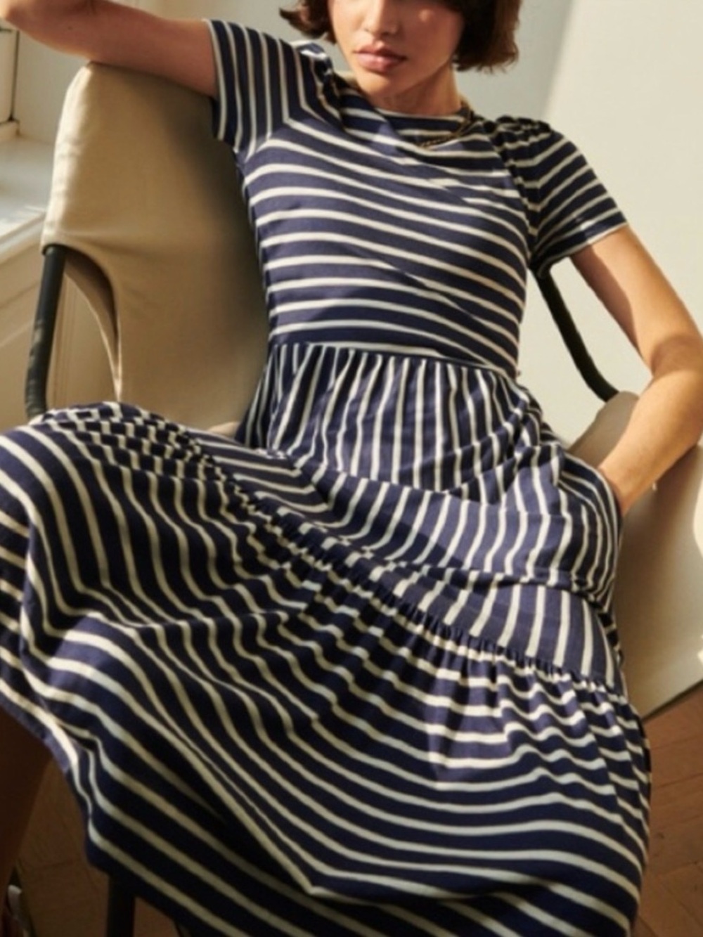Boden Emma Tiered Jersey Midi Dress Navy White Stripe Coastal Nautical 6